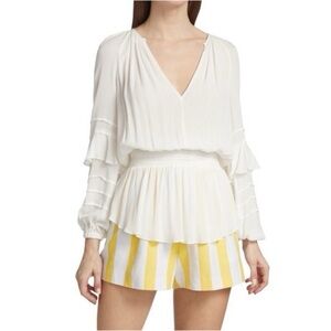 L’Agence White Gauze Brigitta Long Sleeve Ruffle Smocked Waist Split Neck Top, L